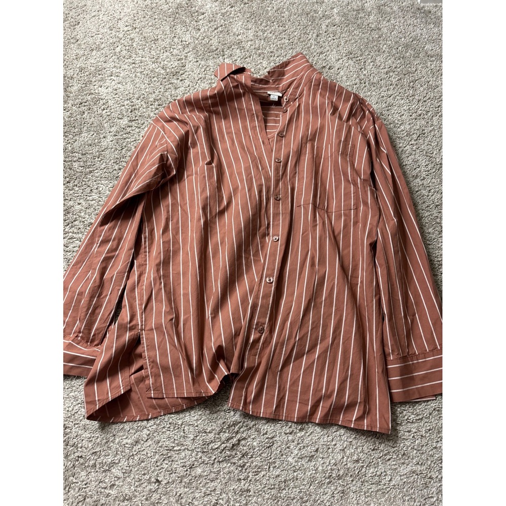 A New Day Womens Brown White Stripe Button Down Shirt Large NWT Z937K5